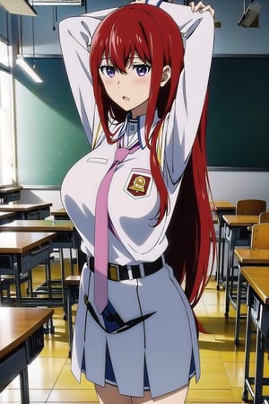 (masterpiece, Visual_Anime, screencap, more detail:1.1,  best quality:1.3),  (classroom:1.3),  highres,  detailed background, Makise_Kurisu,  1girl, solo, long hair, looking at viewer, blush, bangs, purple eyes, Karakter Anime Pake Baju SMA, blue skirt,  necktie, hair between eyes, open mouth, white shirt, upper body, standing, kneehighs, red hair, parted lips, Lambang Osis SMA, black belt, hand up, classroom, blurry, blurry background, sunlight, mature,  large breasts, looking at viewer,  open mouth
BREAK 
(long white sleeve:1.2), upper body,  shiny hair,  anime color, indoor, Anime,