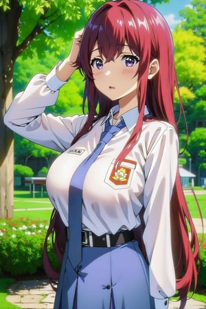 (masterpiece,  Visual_Anime,  screencap,  more detail:1.1,  best quality:1.3),  (Outdoor:1.3),  highres,  detailed background,  Makise_Kurisu,  1girl,  solo,  long hair,  looking at viewer,  blush,  bangs,  purple eyes,  Karakter Anime Pake Baju SMA,  blue skirt,  (((blue necktie))),  hair between eyes,  open mouth,  white shirt,  upper body,  standing,  kneehighs,  red hair,  parted lips,  Lambang Osis SMA,  black belt,  hand up,  grass, plant, white flower, red flower, nature, scenery, forest, blue flower, light rays, yellow flower, path, tree stump,  blurry,  blurry background,  sunlight,  mature,  large breasts,  looking at viewer,  open mouth
BREAK 
(long white sleeve:1.2),  upper body,  shiny hair,  anime color,  Anime,,VisualAnime,komako