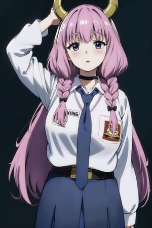 (masterpiece,  Visual_Anime, Baju SMA,  more detail:1.1,  best quality:1.3),  (simple background:1.3),  highres,  detailed background, , aura the guillotine, 1girl, demon horns, solo,  multiple braids,  looking at viewer,  blush,  purple eyes, thick eyebrows,  Karakter Anime Pake Baju SMA,  blue skirt,  (((blue necktie))),  open mouth,  upper body,  standing,  kneehighs,  parted lips,  Lambang Osis SMA,  black belt,  blue flat background,  looking at viewer,  open mouth
BREAK
(long white sleeve:1.2),  shiny hair,  anime color,VisualAnime