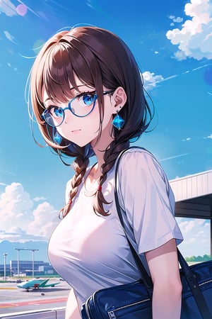 (masterpiece,more detail:1.1, best quality:1.3), (airport:1.3), niji, style, blue theme, 1girl, solo, bangs, brown hair, blue eyes, one braid, closed mouth, earrings, eyebrows visible through hair, (blue glasses), big breasts, skinny, medium shoot, casual outfit, blue sky, clouds, wallpaper, warm lighting, blurry foreground