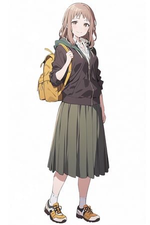 Visual Anime, masterpiece, best quality, @Komiya, Komiya_Ena, 1girl, solo, breasts, 20 y.o, brown hair, smile, closed mouth, white collar shirt, brown V Neck Sleeveless Sweater , Black Jaket, Green Hoodie, (half length skirt), 1/2 long skirt, backpack, white background, fullbody, standing, shoes, white sock, clean background, long shoot, rolled up  sleeve