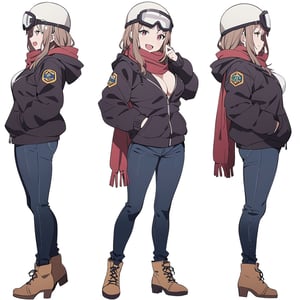 Visual Anime, masterpiece, best quality, @Komiya, Komiya_Ena, 1girl, solo, breasts, 20 y.o, brown hair, smile, open mouth, jacket, black Jaket, red scarf, jeans, white background, fullbody, standing, boots, clean background, long shoot, different view, different angle, white helmet, googles on headware,