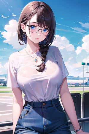 (masterpiece,more detail:1.1, best quality:1.3), (airport:1.3), blue theme, 1girl, solo, bangs, brown hair, blue eyes, one braid, closed mouth, earrings, eyebrows visible through hair, glasses, big breasts, skinny, medium shoot, casual outfit, blue sky, clouds, wallpaper, warm lighting, blurry foreground