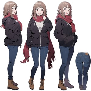 masterpiece, best quality, @Komiya, Komiya_Ena, 1girl, solo, breasts, 20 y.o, brown hair, smile, open mouth, jacket, black Jaket, red scarf, jeans, white background, fullbody, standing, boots, clean background, long shoot, different view, different angle