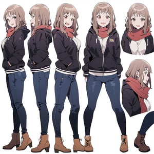 masterpiece, best quality, @Komiya, Komiya_Ena, 1girl, solo, breasts, 20 y.o, brown hair, smile, open mouth, jacket, black Jaket, red scarf, jeans, white background, fullbody, standing, boots, clean background, long shoot, different view, different angle