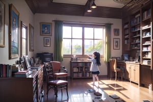 (masterpiece,more detail:1.1, best quality:1.3), (room:1.3), books, globe, screens, windows, wires, mess, (((A little girl combed her mothers hair))), fullbody, anime style, makoto shinkai, 