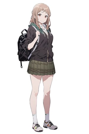 Visual Anime, masterpiece, best quality, @Komiya, Komiya_Ena, 1girl, solo, breasts, 20 y.o, brown hair, smile, closed mouth, white collar shirt, brown V Neck Sleeveless Sweater , Black Jaket, Green Hoodie, (half length skirt), 1/2 long skirt, backpack, white background, fullbody, standing, shoes, white sock, clean background, long shoot, rolled up  sleeve, white cuff sleeve