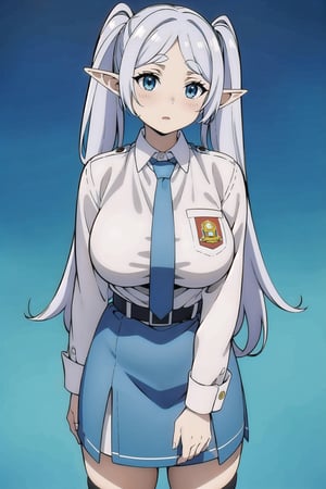 (masterpiece,  Visual_Anime,  more detail:1.1,  best quality:1.3),  (simple background:1.3),  highres,  detailed background,  1girl, elf, solo,  twintails,  looking at viewer,  blush,  grey eyes, thick eyebrows,  Karakter Anime Pake Baju SMA,  blue skirt,  (((blue necktie))),  parted bangs,  open mouth,  white shirt,  upper body,  standing,  kneehighs,  white hair,  parted lips,  Lambang Osis SMA,  black belt,  blue flat background,  mature,  large breasts,  looking at viewer,  open mouth
BREAK
(long white sleeve:1.2),  shiny hair,  anime color,