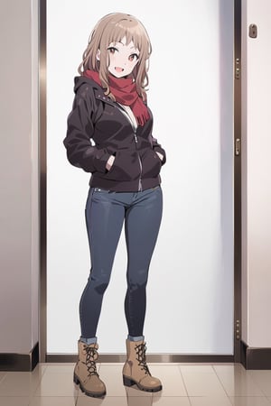 Visual Anime, masterpiece, best quality, @Komiya, Komiya_Ena, 1girl, solo, breasts, 20 y.o, brown hair, smile, open mouth, jacket, black Jaket, red scarf, jeans, white background, fullbody, standing, boots, clean background,