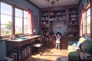 (masterpiece,more detail:1.1, best quality:1.3), (room:1.3), books, globe, screens, windows, wires, mess, (((A little girl combed her mothers hair))), fullbody, anime style, makoto shinkai, 