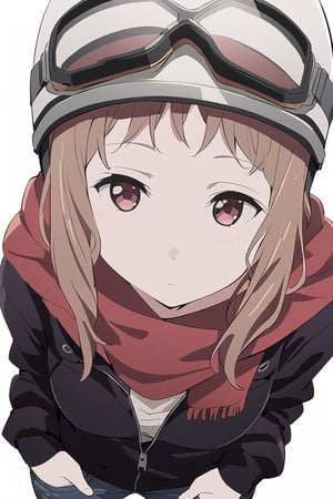 Visual Anime, Kodayu, masterpiece, best quality, @Komiya, Komiya_Ena, 1girl, solo, breasts, 2 y.o, brown hair, black Jaket, red scarf, jeans, white background, upper_body, clean background, long shoot, different view, different angle, white helmet, headware, goggles on helmet
