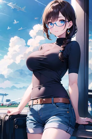 (masterpiece,more detail:1.1, best quality:1.3), (airport:1.3), blue theme, 1girl, solo, bangs, brown hair, blue eyes, one braid, closed mouth, earrings, eyebrows visible through hair, (blue glasses), big breasts, skinny, medium shoot, casual outfit, blue sky, clouds, wallpaper, warm lighting, blurry foreground