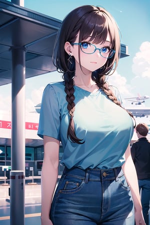 (masterpiece,more detail:1.1, best quality:1.3), (airport:1.3), niji, style, blue theme, 1girl, solo, bangs, brown hair, blue eyes, one braid, closed mouth, earrings, eyebrows visible through hair, (blue glasses), big breasts, skinny, casual outfit, blue sky, clouds, wallpaper, warm lighting, blurry foreground