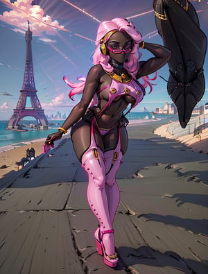 Art de fantastique, fantasy, (hot black girl:1.6), (big cicle glasses:1.6), (dark skin:1.6), (big butt:1.2), wearing kitten choker, (headphones:1.6), (hair in multicolored braids:1.6), (from behind in perspective:1.6), (air angle view:1.6), (bimbo:1.6), (white color panties:1.6), (pink vds underboob:1.6), (red WEDGES HEEL:1.6), (walking on the beach:1.6), full shot, morning, sun, optical reflections, school, Eiffel Tower, paris, (cinematic lighting:1.6), (50mm lens:1.6), (looking at the horizon:1.8), black skin,(vds, color thighhighs:1.6),vds