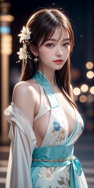 masterpiece,1 girl, very bright backlighting, solo, {beautiful and detailed eyes}, large breasts,dazzling moonlight, calm expression, natural and soft light, hair blown by the breeze, delicate facial features, Blunt bangs,long hair,beautiful korean girl, eye smile,looking at viewer, wearing a fashionable hanfu, hair ornament, earrings, realistic detailed skin texture, detailed hair, 20 yo, ((model pose)), Glamor body type, bare shoulder,(colorful hanfu),beautiful and detailed flowers on hair,shot in chinese palace,fanstic night,and a hint of the night cityscape in the background,(halfbody shot:1.3),