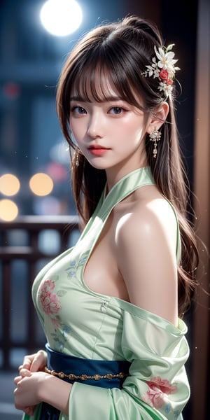 masterpiece,1 girl, very bright backlighting, solo, {beautiful and detailed eyes}, large breasts,dazzling moonlight, calm expression, natural and soft light, hair blown by the breeze, delicate facial features, Blunt bangs,long hair,beautiful korean girl, eye smile,looking at viewer, wearing a fashionable hanfu, hair ornament, earrings, realistic detailed skin texture, detailed hair, 20 yo, ((model pose)), Glamor body type, bare shoulder,(colorful hanfu),beautiful and detailed flowers on hair,shot in chinese palace,fanstic night,and a hint of the night cityscape in the background,(halfbody shot:1.3),