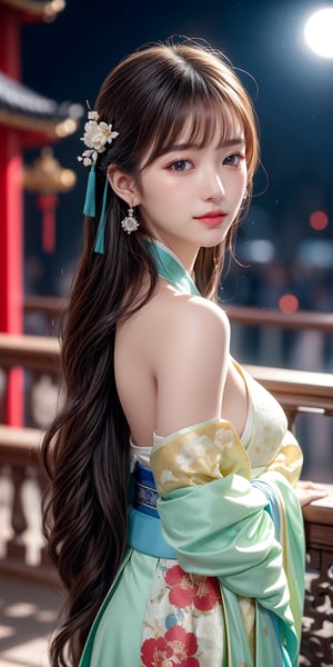 masterpiece,1 girl, very bright backlighting, solo, {beautiful and detailed eyes}, large breasts,dazzling moonlight, calm expression, natural and soft light, hair blown by the breeze, delicate facial features, Blunt bangs,long hair,beautiful korean girl, eye smile,looking at viewer, wearing a fashionable hanfu, hair ornament, earrings, realistic detailed skin texture, detailed hair, 20 yo, ((model pose)), Glamor body type, bare shoulder,(colorful hanfu),beautiful and detailed flowers on hair,shot in chinese palace,fanstic night,and a hint of the night cityscape in the background,(halfbody shot:1.3),