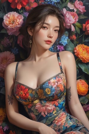 portrait,woman, flower dress, colorful, darl background,flower armor, good anatomy, best quality, (((masterpiece))), high quality, realist, best detailed, details, realist skin, skin detailed, underboobs, tatoos,art 