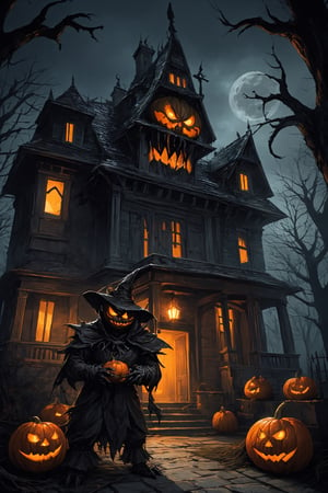 a menacing monster in a Halloween costume, lurking outside a haunting house, clutching a pumpkin in its gnarled claws. The monster's custom is a nightmarish creation, with tattered fabric, sharp fangs, and glowing eyes that pierce through the darkness. The haunting house looms behind, its weathered facade and broken windows adding to the eerie atmosphere. The pumpkin held by the monster is intricately carved with a wicked grin, its candlelight casting eerie shadows on the surroundings