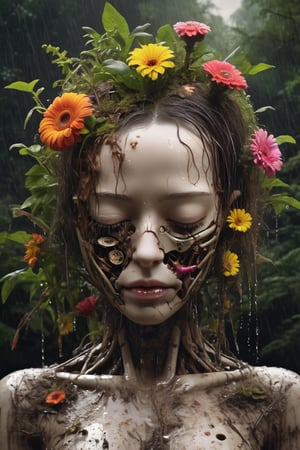 photo of a decayed female robot with the top half of her head cut off, no brain, instead filled with maggots, worms and plants and flowers, half of body is melted into the ground, eyes closed, wet with rain, masterpiece, high res, intricate, professional, photorealistic, dark forest background