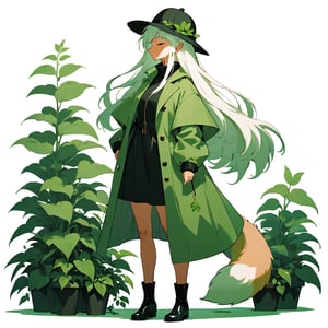 Flat Design, fox, long hair, white hair, hat, closed eyes, long sleeves, standing, green coat, leaf, 1girl, profile, full body, plant, coat, very long hair, black footwear, shadow, black headwear, earrings