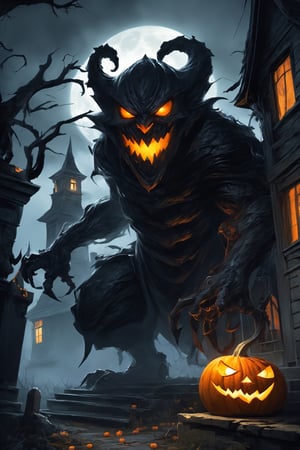 a menacing monster in a Halloween costume, lurking outside a haunting house, clutching a pumpkin in its gnarled claws. The monster's custom is a nightmarish creation, with tattered fabric, sharp fangs, and glowing eyes that pierce through the darkness. The haunting house looms behind, its weathered facade and broken windows adding to the eerie atmosphere. The pumpkin held by the monster is intricately carved with a wicked grin, its candlelight casting eerie shadows on the surroundings