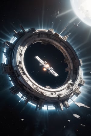 The white hole is in the center, surrounded by the ruined space station, fiction, extreme detail, dark light, cinematic