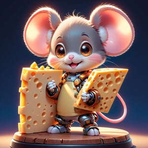 anime artwork pixar,3d style,toon,masterpiece,best quality,good shine,OC rendering,best quality,4K,super detail,A robotic cartoon mouse holding a cheese . anime style, key visual, vibrant, studio anime,  highly detailed,CHIBI