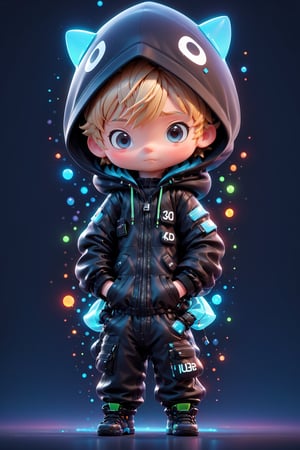 illustration of a cute boy 3D render
character, wearing a black jumpsuit with a hood on,  hands in pockets,  viewed from front,  8k, 3D render style, bioluminescence, Movie Still,photo r3al,chibi,Movie Still,3d style, vibrant colors, too much light