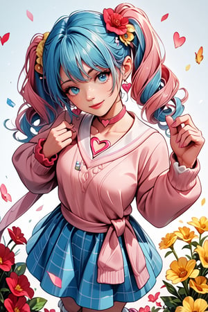 score_9, score_8_up, score_7_up, score_6_up, anime style, masterpiece, highly detailed, centered, cinematic shot, source_anime BREAK 1girl, light smile, head tilt, wariza, flower field, from above, fairymiku, blue eyes, two-tone hair, pink hair, blue hair, curly hair, twintails, hair flower, red flower, yellow flower, pink sweater, pink cardigan, white neckerchief, long sleeves, blue skirt, plaid skirt, miniskirt, loose socks, pink footwear, earrings, pink choker, heart choker, wrist scrunchie, nail polish, pink nails,, Beautiful anime style, mature manhwa,