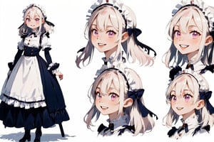 masterpiece, highly detailed, centered, Reference Material, conceptart,multiple views,white background,simple background, multiple views of the same character, (full body), dark elf, 1girl, double pigtails hair, Blunt bangs, hair between eye, white hair, violet eyes, eyelashes, eyeshadow, pink eyeshadow, light smile, By Yoshitaka Amano, in a french maid outfit, victorian goth maid, headdress, glaring, grin, Expressiveh, Ultra HD, 4k image, (full body, from side, front), 
charactersheet,kidz,pastelmix