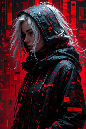 Photorealistic photography of a cyberpunk hacker, a female hooded figure with white hair, surrounded by floating red digital code, disintegrated by the red digital binary code in a dark, futuristic setting,PatternMix,