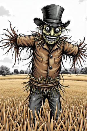 (masterpiece, best quality:1.2),Scarecrow, made of straw, wearing an old top hat, in crop field, horror mangaz