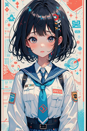 digitalart、monochromes、1990s anime style、Black Hair Bob、Beautiful girl in Japan uniform、18year old, HD, PatternMix,pastelz