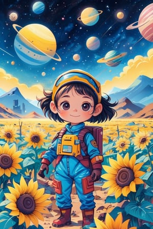 a Honduran girl in a wasteland, explorer suit, alien planet, space, starfield, kid, Sunflower Field, pastelmix,kidz