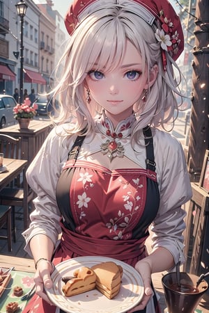 (PastelColors:1.5)、(Cute illustration:1.5)、(watercolor paiting:1.2)、facing front、Beautiful fece、Fashionable design clothes、Red and white apron、Stylish apron、Chinese、White and red motifs、short-hair、Red beret、Cook、Fantasia、Clear、Happiness、kirakira、smil、The best smile、Illustration of a person wearing an apron、Kawaii Girl、Happy smiling face、The best smile、Holding a plate in your hands、Tasty-looking dishes、Cafe Clerk、The upper part of the body, risbeauty,masterpiece