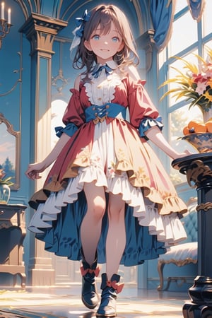 shoujo anime, cinematic, romantic, masterpiece, abundant details, full body, UHD, white lace festival, a girl, blue and red dress, with finely worked white lace throughout the outfit, large blue ribbon bows, with hair arrangements, intertwined hands, gentle smile, sassy look, dark boots with white details, bucolic setting with soft lighting in a manor,