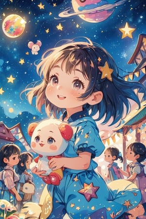 Immerse yourself in the enchanting world of a festival night, a captivating girl under a starry sky, holding a playful chibi plush toy, the fisheye lens capturing the expansive beauty of the cosmos, a sense of whimsy and excitement in the air, Illustration, digital art, vibrant and pastel colors for a dreamy aesthetic
pastelmix,kidz