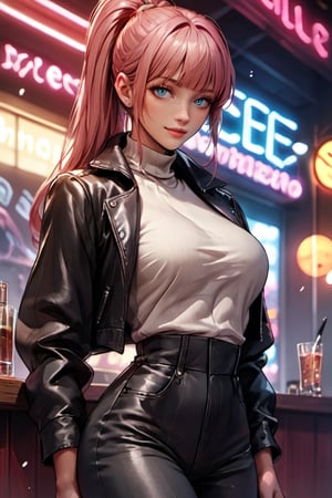 score_9, score_8_up, score_7_up, source_anime BREAK 1girl, solo, blue eyes, pink hair, long hair, ponytail, blunt bangs, breasts, cowboy shot, nightclub, neon lights, bokeh, depth of field, makeup, leather jacket, turtleneck, high waist pants, Beautiful anime style, mature manhwa,
