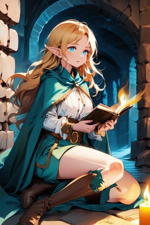 drawn by master artist, beautiful detailed skin, beautiful eyes, best quality, high quality, vivid colors, everything in sharp focus, mature female, long hair, orange-blonde hair, blue-green eyes, holding tome, reading, kneeling, candles on the ground, brown eyes, green cloak, black skirt, brown boots, dark atmosphere, stern expression, dungeon-background, dungeon, underground, stone wall, moss, indoors, night, dark, thundermagic, excessive energy, charged aura,pastelmix