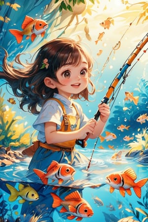 Girl, fishing, fish, summer, Perfect quality, clear focus, clutter - home, masterpiece, Bokeh, Best quality, Detailed skin, Intricate details, 8K, Sharp Focus, Happy, kidz, pastelmix