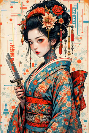 A professional drawing with colored pencils. A very tattooed geisha,with a strange expression and a big knife in his hand. Japanese and European style. Well nuanced colors,contrasting colors. Some graffiti style and vector art,PatternMix,