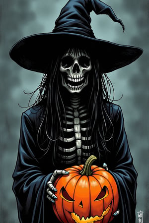 (masterpiece, best quality:1.2), halloween costume,jack-o'-lantern,human,a girl,WITCH HAT,black hat,night,best quality,masterpiece,realistic,best quality,masterpiece,HDR,UHD,8K,best quality,highres,realistic,photo_(medium),official_style,real, skeleton, horror mangaz