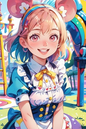 1girl, decora, mouse ears, maid outfit, neon colors, rainbow hair with ribbons, detailed 8k background of a playground with rainbow colors and crayola, smiling, teeth showing
pastelmix,kidz