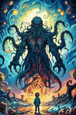 Cthulhu, full body, masterpiece, anime style, oil painting, award winning, centered, dessert location, Lovecraftian horror, vibrant illustration, cosmic horror, wide shot, HD, 
pastelmix,kidz