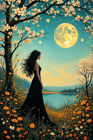 Surrealist oil painting featuring a silhouetted woman in a long black dress with flowing hair standing amidst delicate blooming trees under a large crescent moon, smaller orbs against a teal and yellow gradient sky, wildflowers and grasses detailed in the foreground, reflective water and distant treeline in the background, contrasting light and dark elements with intricate patterns and textures in the foliage, ethereal and mystical atmosphere, soft brushstrokes creating a dreamlike quality,PatternMix,