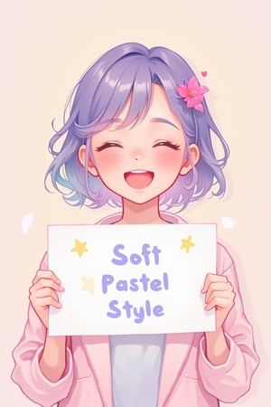 a beautiful and cute woman holding up a sign "Soft Pastel Style", joyful, happy, anime illustration, photorealistic, oil painting,pastelz