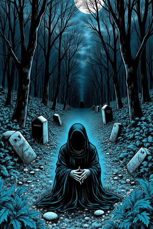 (masterpiece, best quality:1.2), An overgrown cemetery with tombstones obscured by thick moss and wildflowers. At night, ethereal blue flames mark each grave, and the whispers of the departed tell tales of ancient times. A lone, hooded figure kneels before a newly dug grave, their hands clasped in silent prayer,horror mangaz