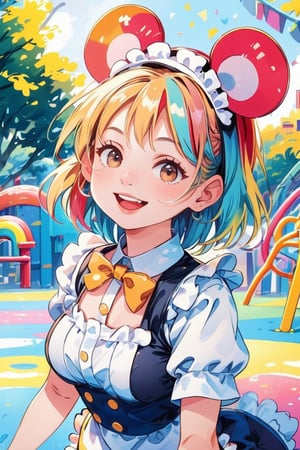 1girl, decora, mouse ears, maid outfit, neon colors, rainbow hair with ribbons, detailed 8k background of a playground with rainbow colors and crayola, smiling, teeth showing
pastelmix,kidz