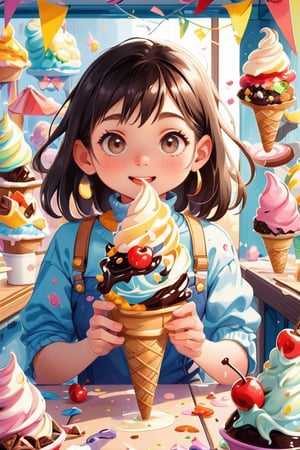 a girl fantasizing about eating some ice cream, craving, an ice cream parlor showcasing beautiful icecream cones of all kinds of flavors and sizes. decorated with cherries, banana splits, brownies with vanilla ice cream, choco-mint, choco chips, sprinkles, rainbow sprinkles, melting ice cream delicious, yummy, caramelized, caramel, syrup
pastelmix,kidz